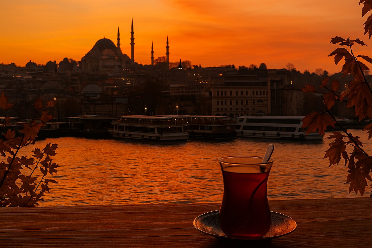 Jesen nad Bosforom Istanbul grad kojem se vraćamo, Čaša turskog čaja na drvenom stolu uz zalazak sunca nad Bosforom, s pogledom na istanbulske džamije u jesenjim bojama.