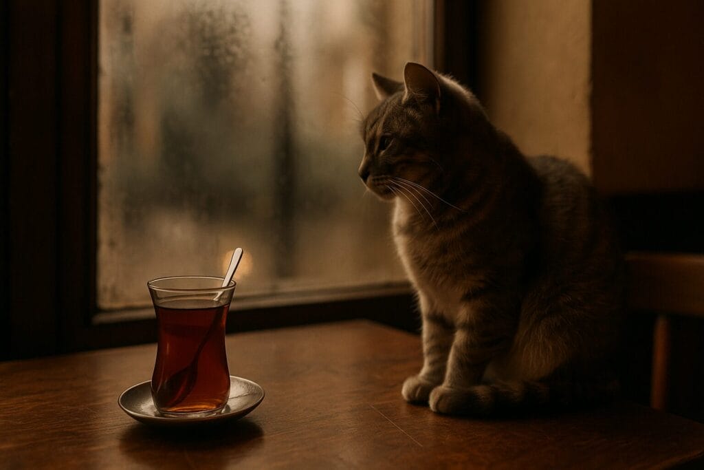 Istanbul grad kojem se vraćamo, Siva mačka sjedi pored čaše turskog čaja na drvenom stolu uz zamagljeni prozor kafića u Istanbulu, u mekom svjetlu jeseni.