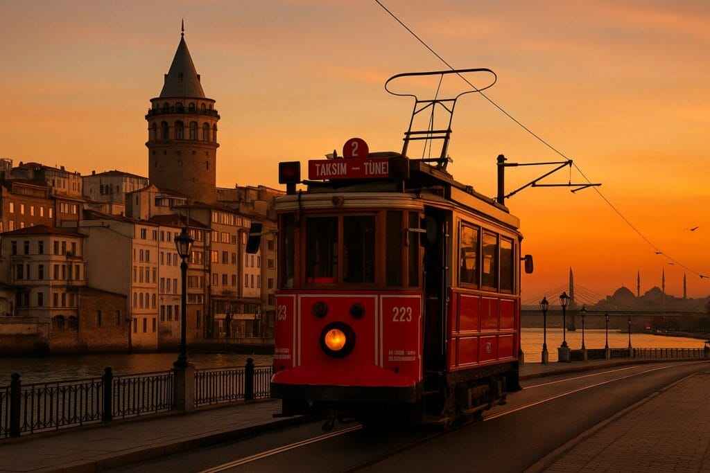 Istanbul grad kojem se vraćamo, Crveni tramvaj prolazi pored Galata kule u Istanbulu tokom zalaska sunca, svjetla tramvaja se presijavaju na mokrom asfaltu, u pozadini Bosfor i minareti.