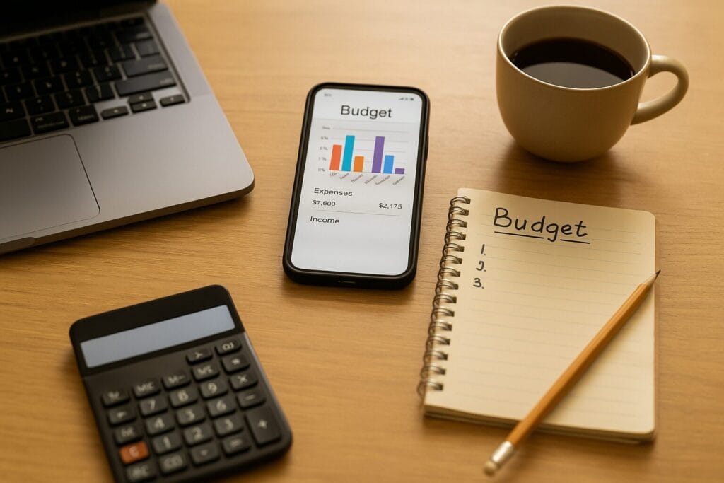 Svjetski dan štednje – sto od svijetlog drveta s otvorenim laptopom, mobilnim telefonom koji prikazuje grafikon troškova, bilježnicom, kalkulatorom i šoljicom kafe; simbol digitalnog planiranja ličnih finansija.