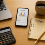 Koliko nas zaista košta jedan mjesec života u januaru Međunarodni dan štednje – sto od svijetlog drveta s otvorenim laptopom, mobilnim telefonom koji prikazuje grafikon troškova, bilježnicom, kalkulatorom i šoljicom kafe; simbol digitalnog planiranja ličnih finansija.