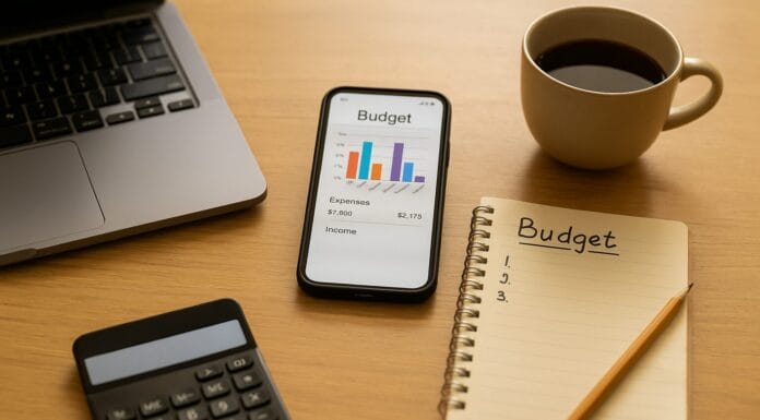 Međunarodni dan štednje – sto od svijetlog drveta s otvorenim laptopom, mobilnim telefonom koji prikazuje grafikon troškova, bilježnicom, kalkulatorom i šoljicom kafe; simbol digitalnog planiranja ličnih finansija.