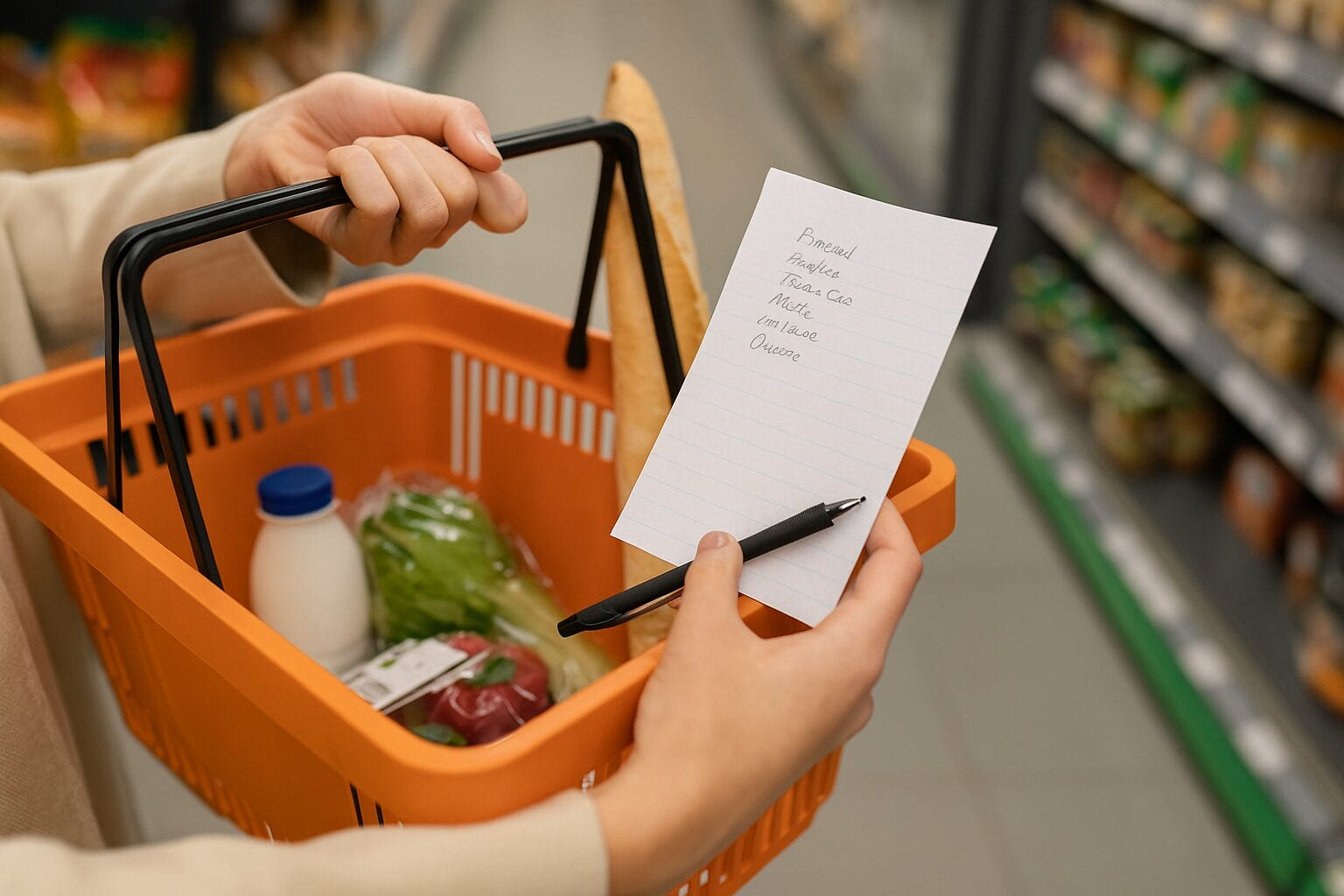 Kupovina s unaprijed pripremljenim spiskom pomaže da se izbjegne impulzivna potrošnja i nepotrebni troškovi. Međunarodni dan štednje – ruka drži papirni spisak za kupovinu pored korpe s osnovnim namirnicama poput hljeba, mlijeka i povrća; simbol planirane i racionalne potrošnje.