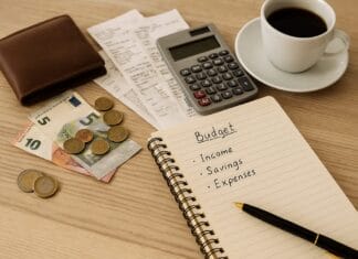 Svjetski dan štednje: Da li zaista znate gdje odlazi vaš novac? Međunarodni dan štednje – sto od svijetlog drveta s bilježnicom, računima, novčanikom, kovanicama i šoljicom kafe u toplom svjetlu, simbol planiranja troškova i štednje.