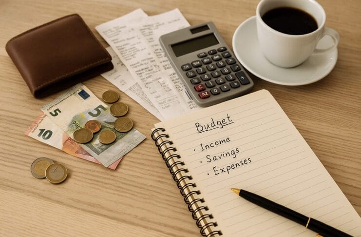 planiranje kućnog budžeta Međunarodni dan štednje – sto od svijetlog drveta s bilježnicom, računima, novčanikom, kovanicama i šoljicom kafe u toplom svjetlu, simbol planiranja troškova i štednje.