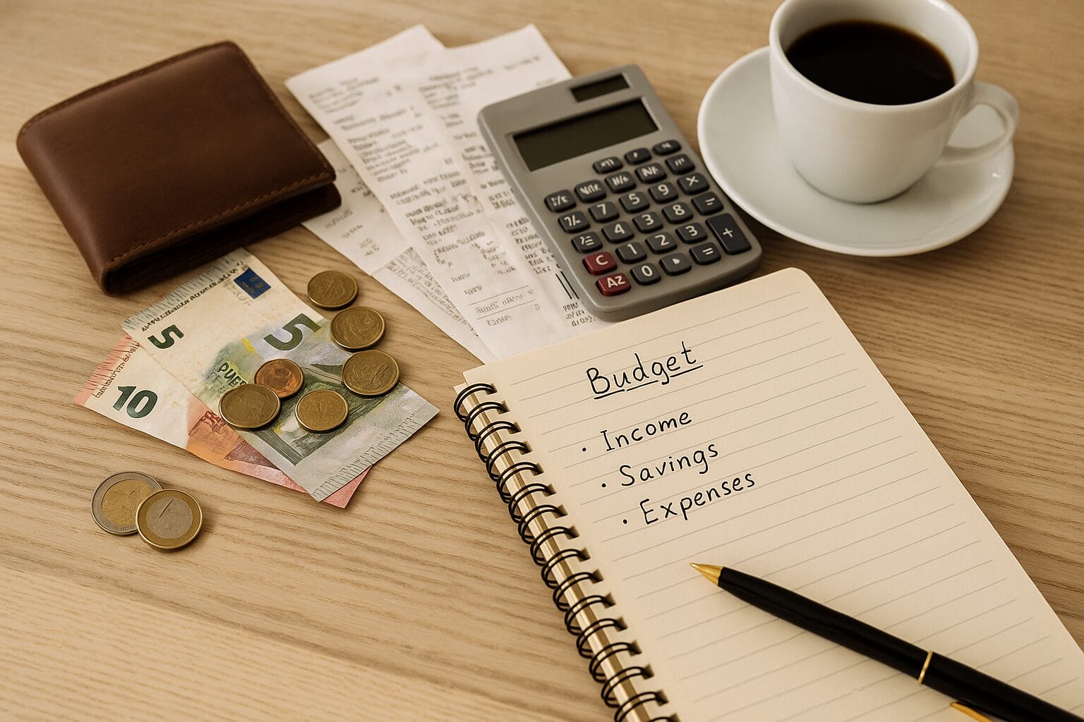 planiranje kućnog budžeta Međunarodni dan štednje – sto od svijetlog drveta s bilježnicom, računima, novčanikom, kovanicama i šoljicom kafe u toplom svjetlu, simbol planiranja troškova i štednje.