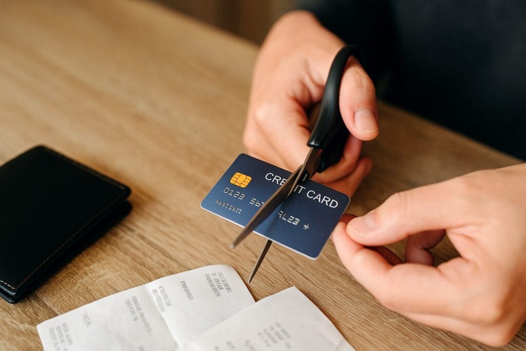 Svjetski dan štednje – ruka s makazama siječe kreditnu karticu iznad drvenog stola s računima i novčanikom; simbol oslobađanja od dugova i odgovornog upravljanja novcem.