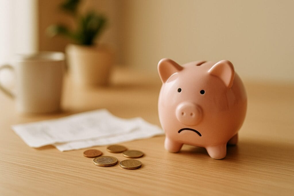 Svjetski dan štednje, ružičasta kasica-prasica s nezadovoljnim izrazom stoji na stolu pored kovanica i računa; simbol štednje, humora i svakodnevnih finansijskih izazova.