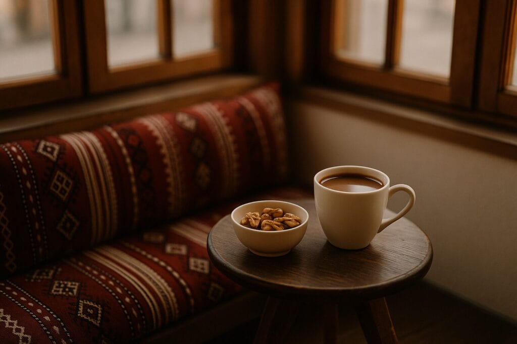 Ljubav u Sarajevu, Topla čokolada i orasi posluženi na peškunu uz sećiju u orijentalnom stilu, sa drvenim prozorima i toplom zimskom atmosferom Sarajeva.