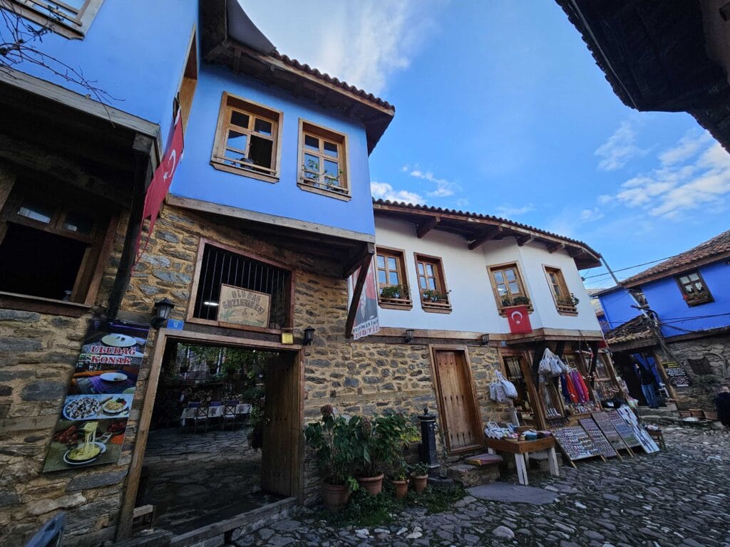 Niz tradicionalnih kuća s drvenim erkerima u selu Cumalikizik