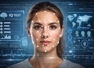 Biometrijski podaci u online testovima, Žensko lice sa mrežom tačaka i linija za biometrijsko očitavanje, uz digitalne panele koji prikazuju online test inteligencije i analizu porijekla.