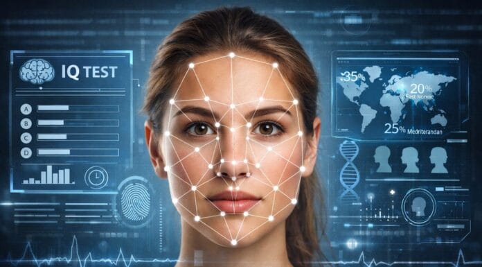 Biometrijski podaci u online testovima, Žensko lice sa mrežom tačaka i linija za biometrijsko očitavanje, uz digitalne panele koji prikazuju online test inteligencije i analizu porijekla.