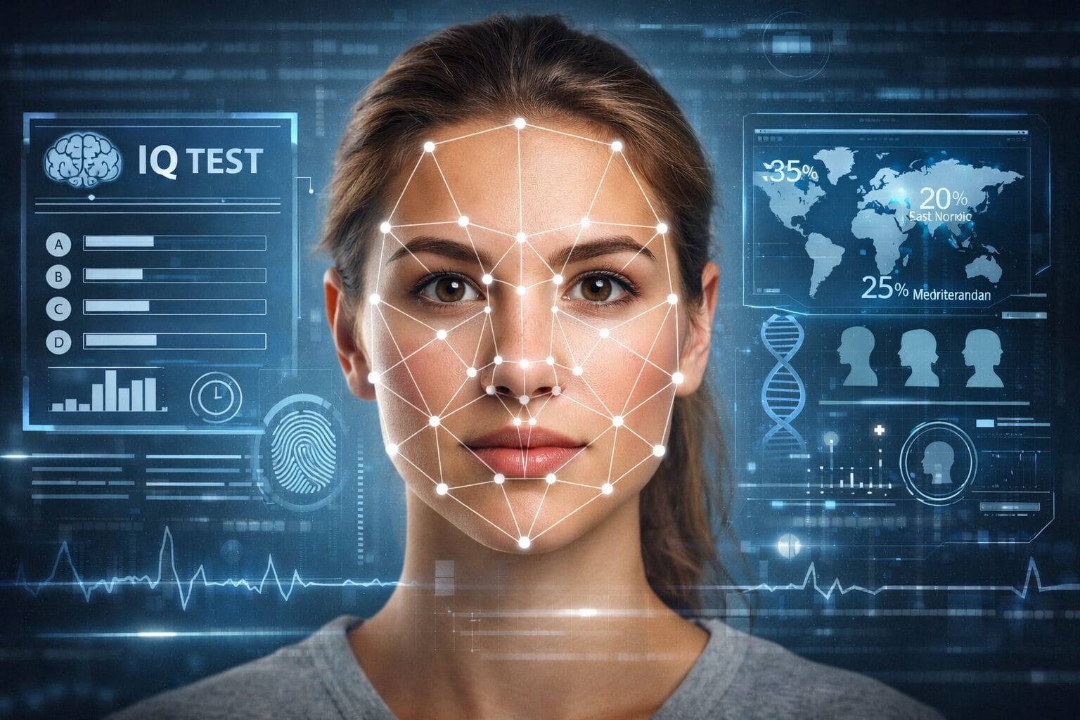 biometrijski-podaci-online-testovi-analiza-lica- Biometrijski podaci u online testovima, Žensko lice sa mrežom tačaka i linija za biometrijsko očitavanje, uz digitalne panele koji prikazuju online test inteligencije i analizu porijekla.