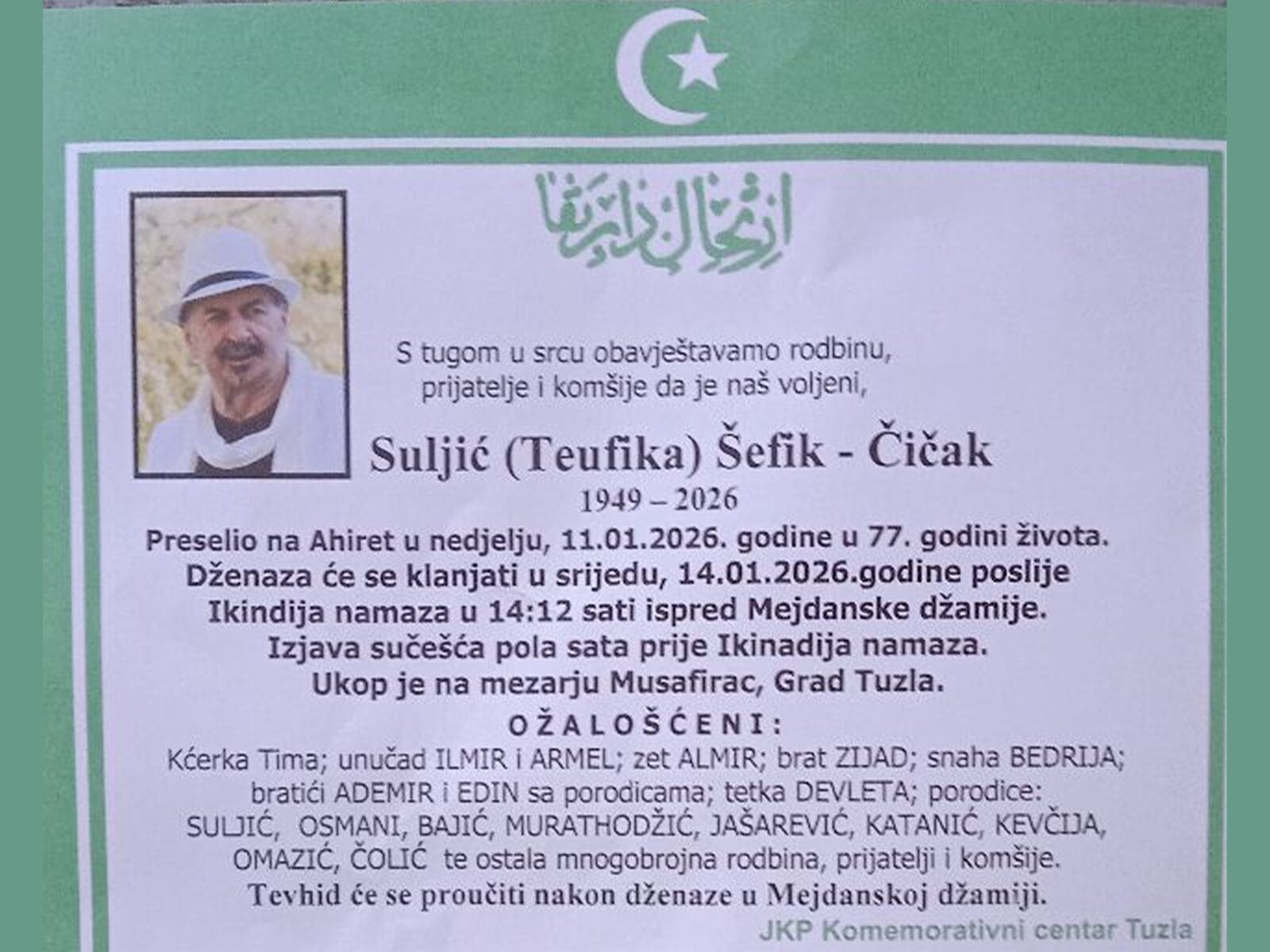 Tuzla se oprašta od Šefika Suljića zvanog Čičak