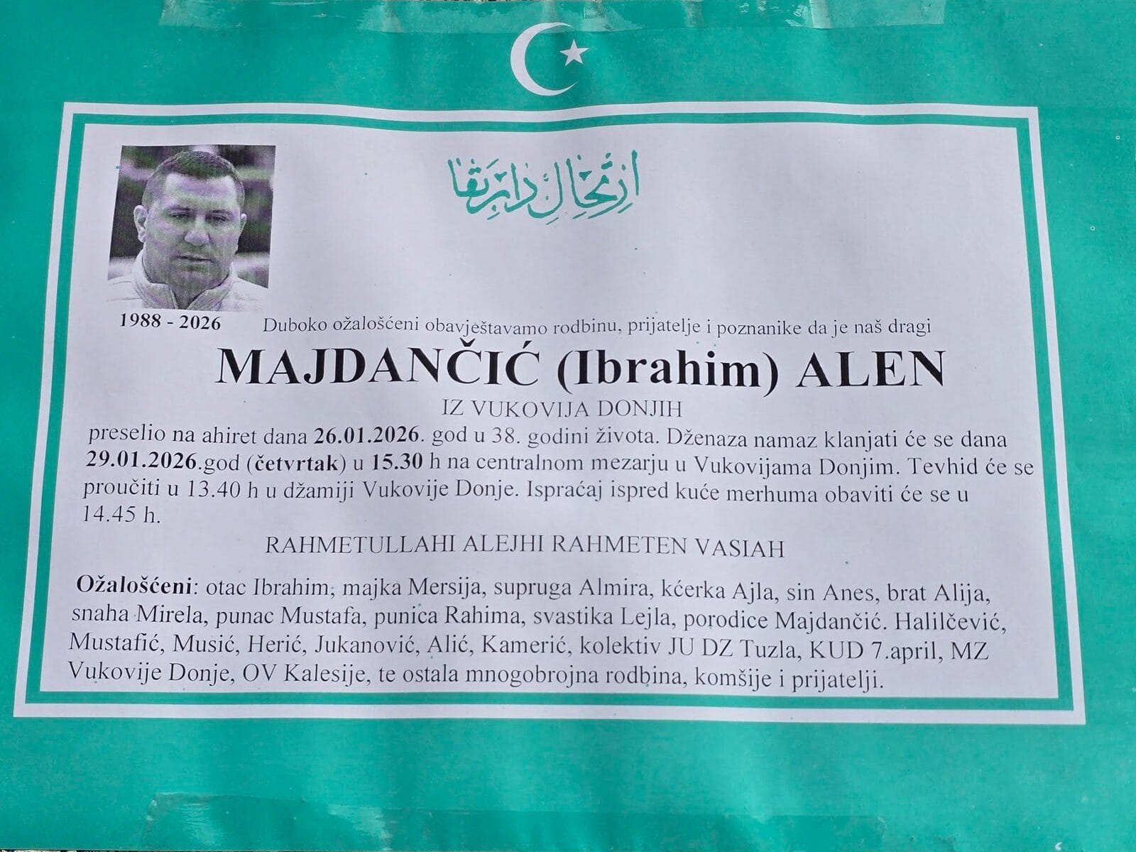 Poznato vrijeme dženaze Alenu Majdančiću