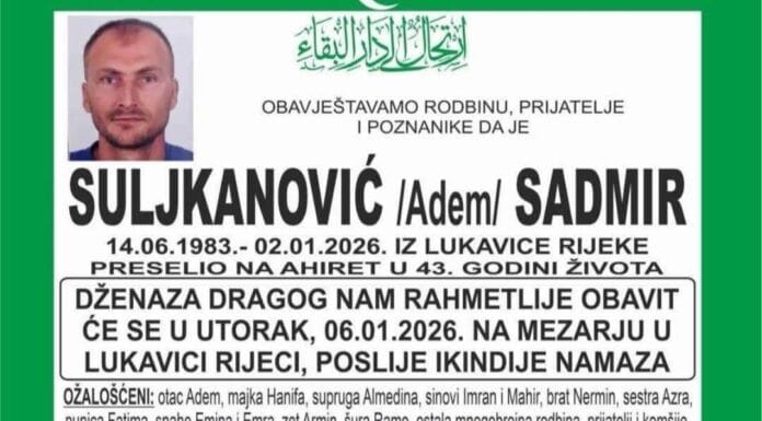 Klanjana dženaza Sadmiru Suljkanoviću koji je poginuo u Dubrovniku
