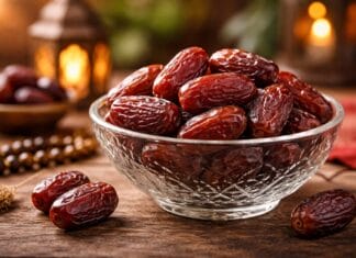 Hurma u ramazanu u staklenoj zdjeli na stolu, tradicionalni početak iftara