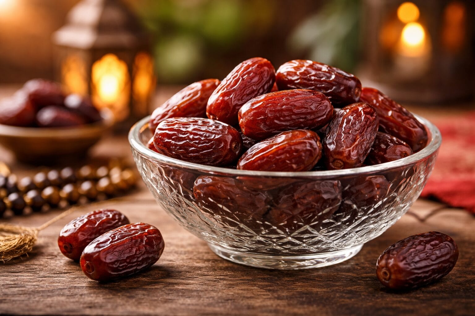 hurma-u-ramazanu-ifar-staklena-zdjela Hurma u ramazanu u staklenoj zdjeli na stolu, tradicionalni početak iftara