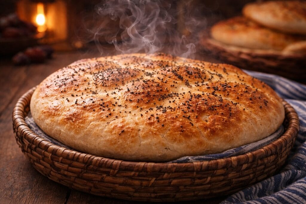 Najvažnije noći u ramazanu – Lejletul-Bedr, Lejletul-Kadr i posebni trenuci mjeseca posta; Svježi somun lepina sa ćurekotom koji se puši na stolu pred iftar tokom ramazana