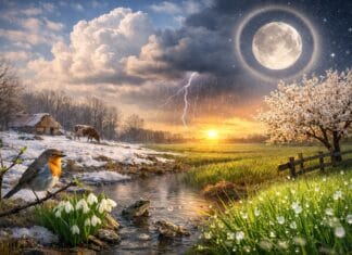 Narodni kalendar, proljetni pejzaž sa rosom, cvjetanjem i punim mjesecom kao narodnim znakom promjene vremena