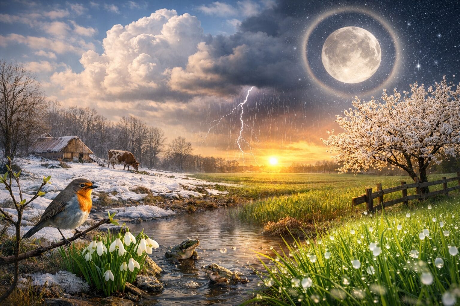 Narodni kalendar, proljetni pejzaž sa rosom, cvjetanjem i punim mjesecom kao narodnim znakom promjene vremena