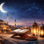 Najvažnije noći u ramazanu – Lejletul-Bedr, Lejletul-Kadr i posebni trenuci mjeseca posta, Ramazanska noćna atmosfera, otvoren Kur’an, fenjeri, hurme i čaša vode uz džamiju i polumjesec