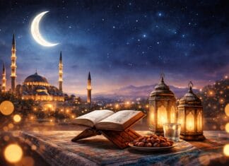Najvažnije noći u ramazanu – Lejletul-Bedr, Lejletul-Kadr i posebni trenuci mjeseca posta, Ramazanska noćna atmosfera, otvoren Kur’an, fenjeri, hurme i čaša vode uz džamiju i polumjesec