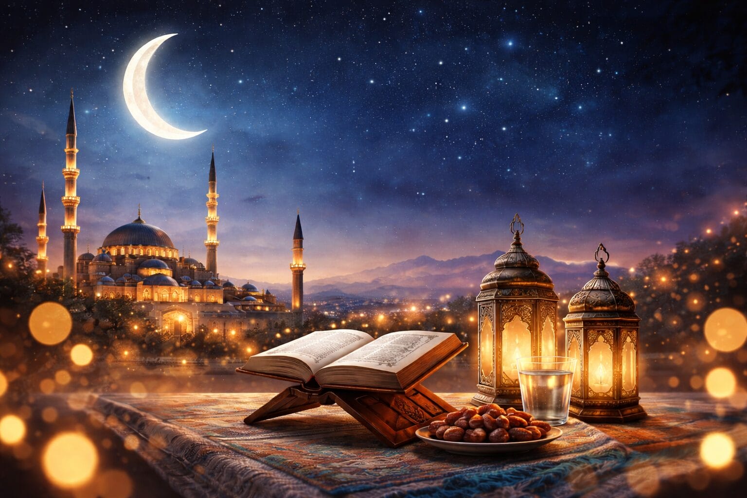 Najvažnije noći u ramazanu – Lejletul-Bedr, Lejletul-Kadr i posebni trenuci mjeseca posta, Ramazanska noćna atmosfera, otvoren Kur’an, fenjeri, hurme i čaša vode uz džamiju i polumjesec