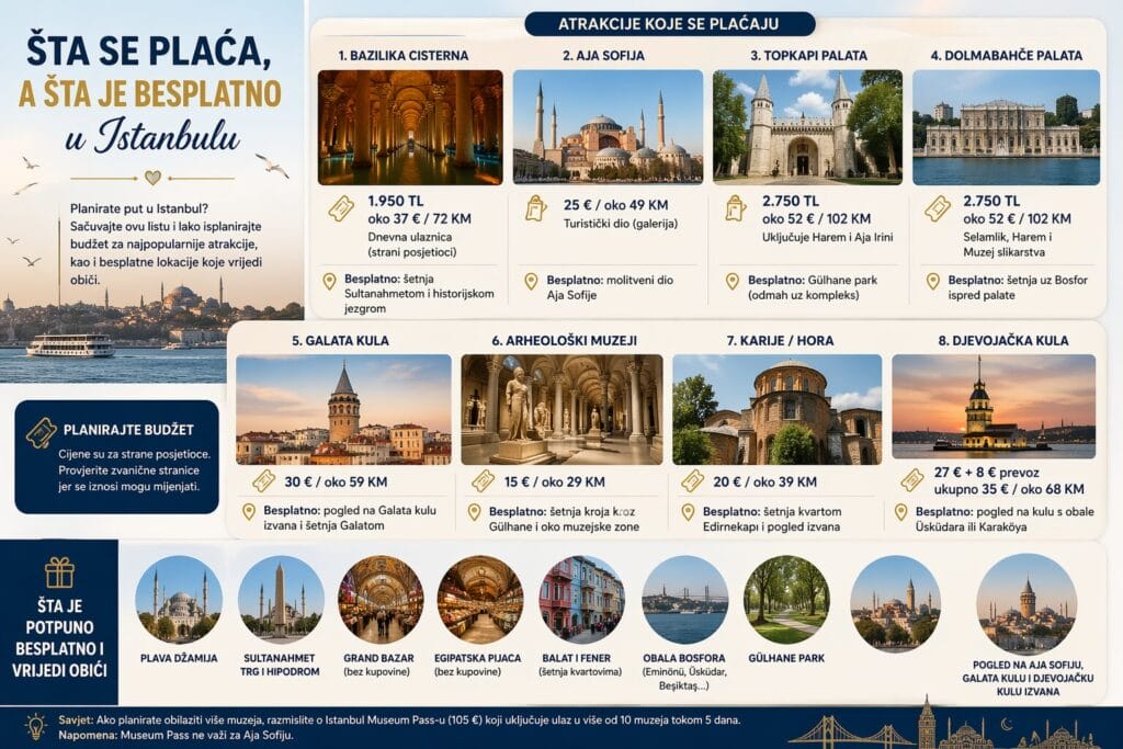 Cijene atrakcija u Istanbulu; Infografika sa pregledom cijena atrakcija u Istanbulu i besplatnih lokacija za posjetu
