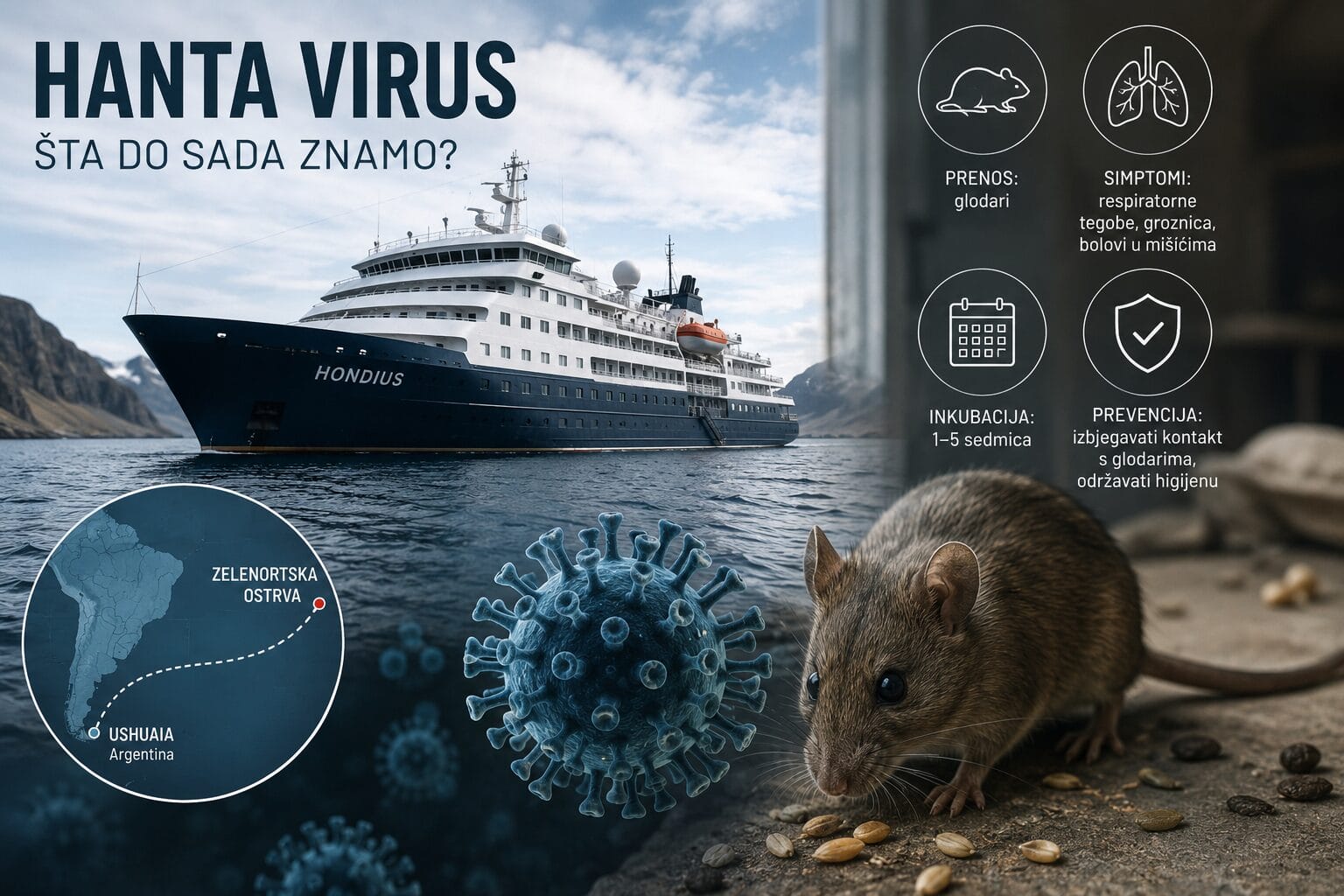 Hanta virus i slučajevi zaraze na brodu MV Hondius, ilustracija s prikazom broda, virusa i glodara