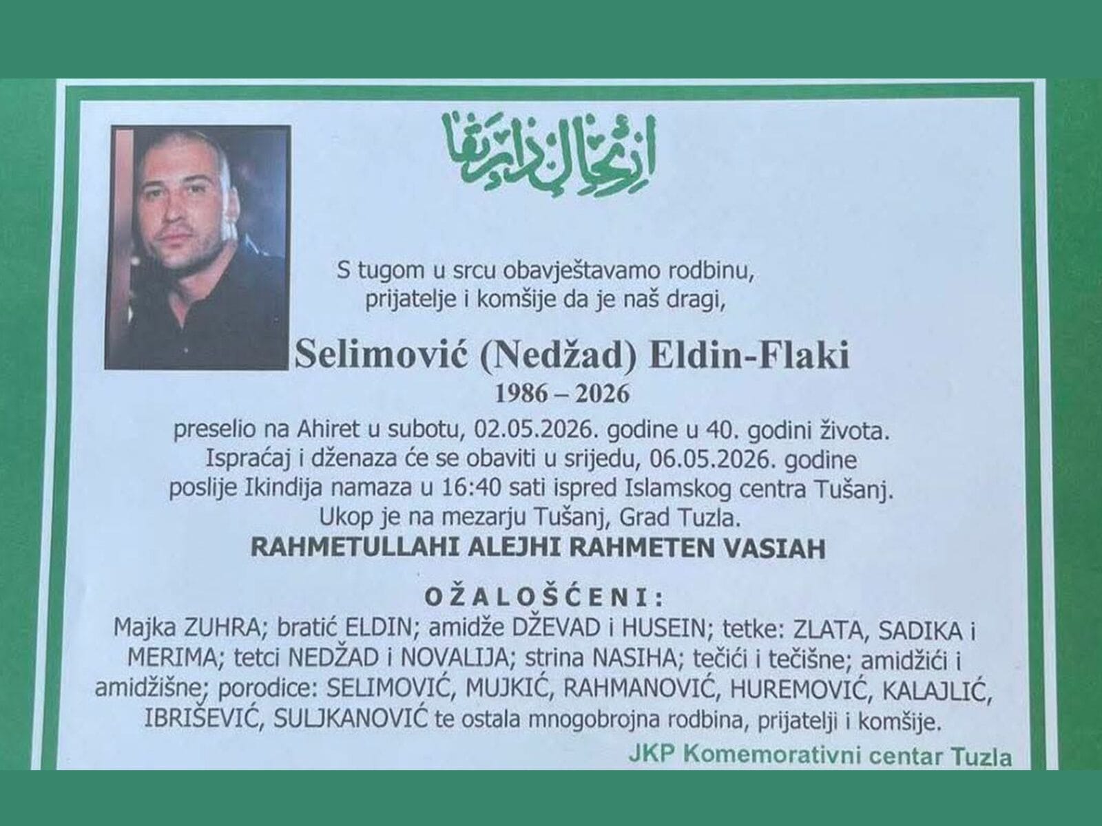 posmrtnica eldin selimovic web Dženaza Eldinu Selimoviću u srijedu na mezarju Tušanj