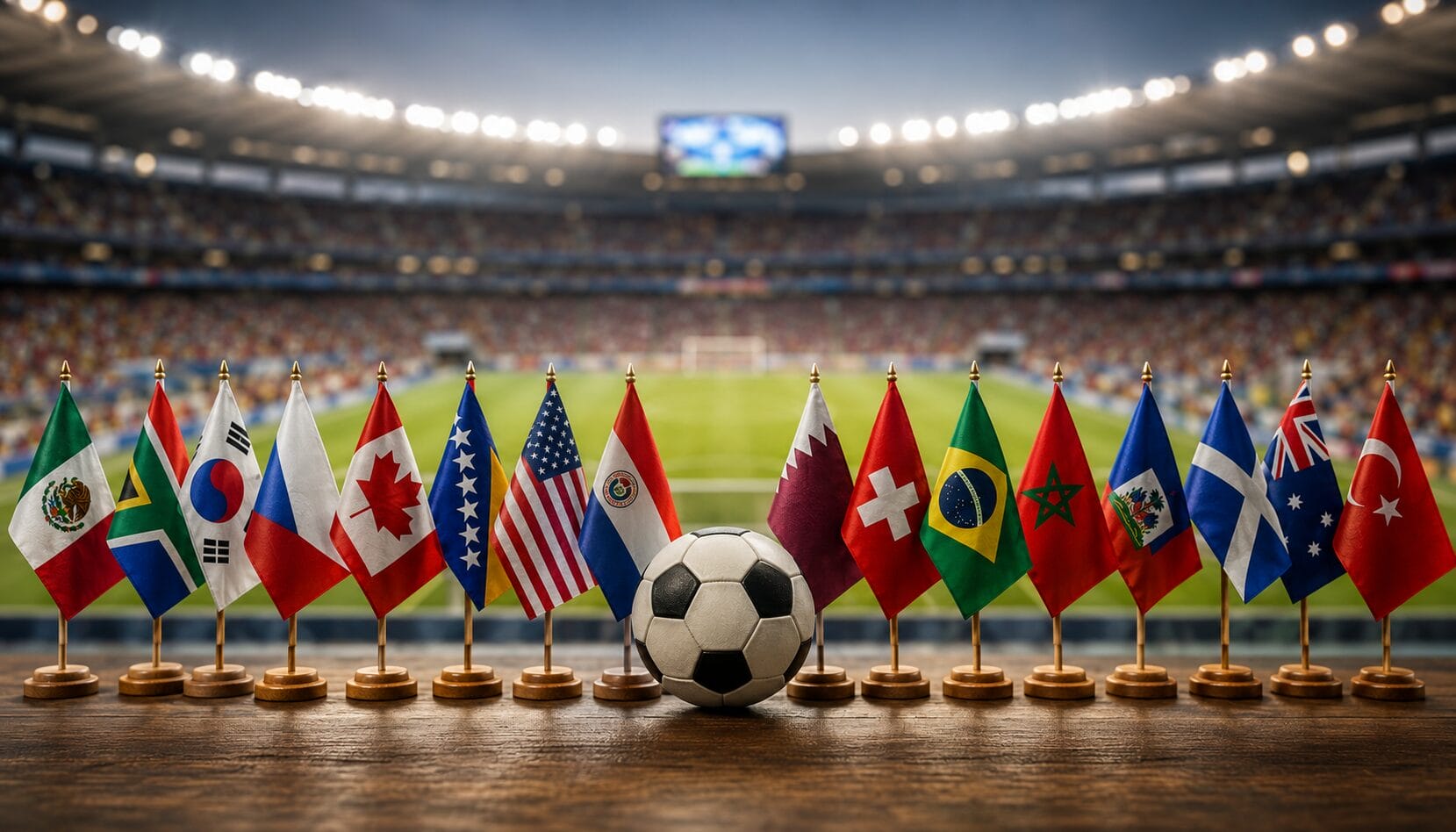bih-kanada-raspored-mundijala-do-14-juna Zastave reprezentacija na stadionu uz fudbalsku loptu, BiH Kanada i raspored utakmica Mundijala do 14. juna