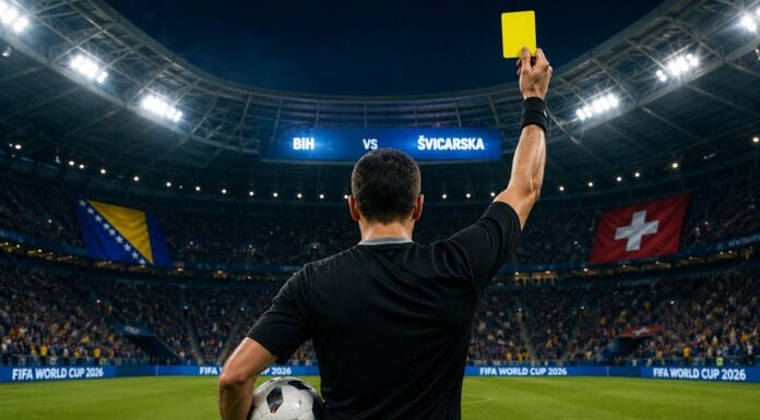 BiH-Švicarska sudija na stadionu drži žuti karton i fudbalsku loptu