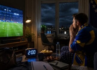 BiH-USA u 2 ujutro, navijač prati utakmicu kod kuće uz kafu i sat koji pokazuje 2:00