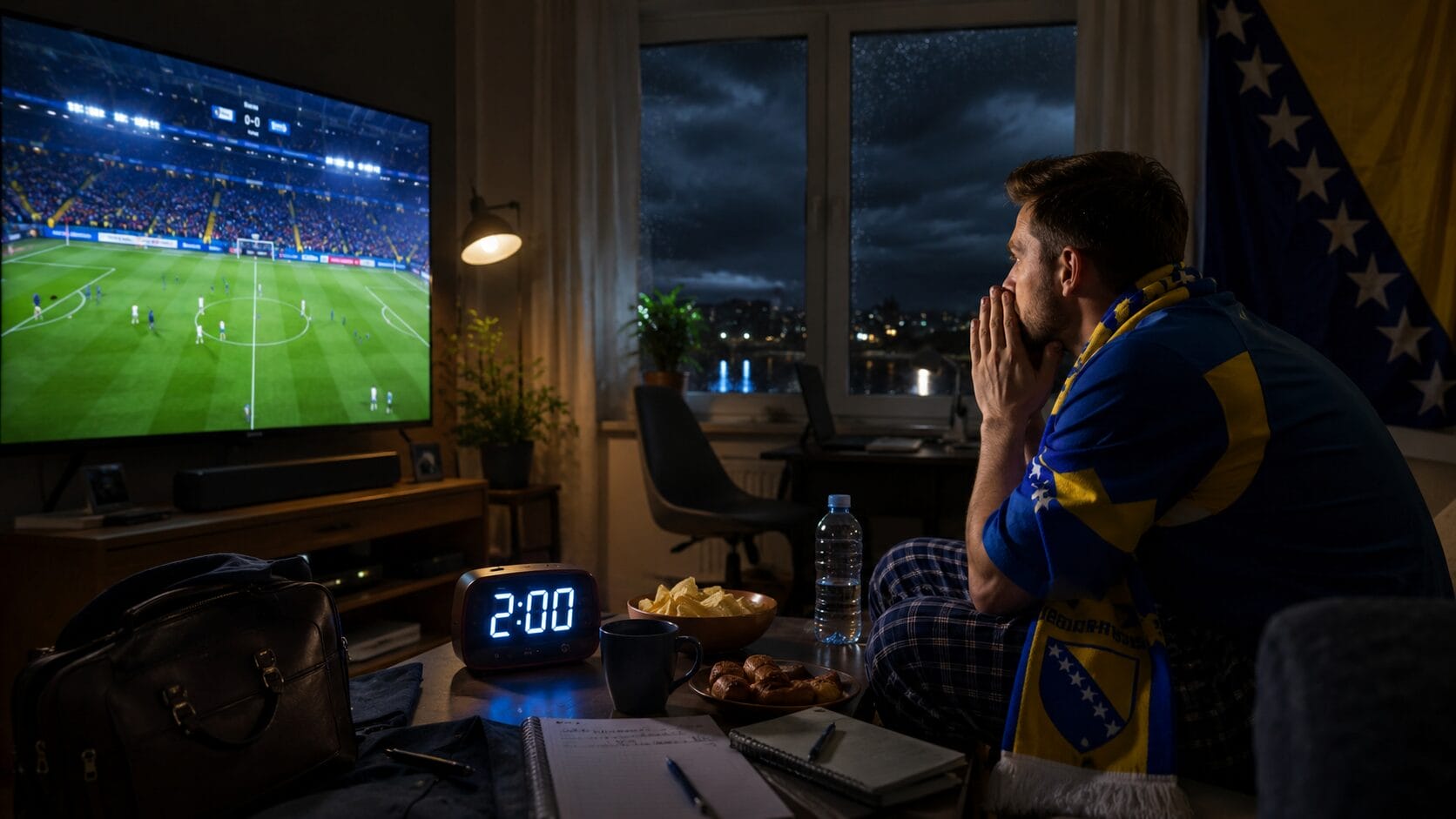 BiH-USA u 2 ujutro, navijač prati utakmicu kod kuće uz kafu i sat koji pokazuje 2:00