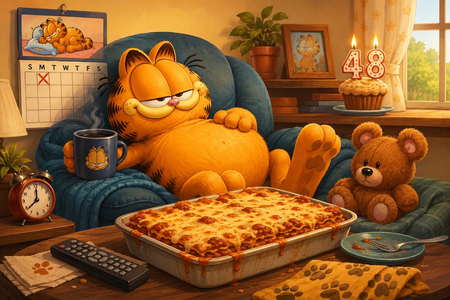 garfield-slavi-48-rodjendan-lijeni-macak-koji-je-osvojio-svijet Garfield slavi 48. rođendan uz lazanje, kafu i plišanog medvjedića Pookyja