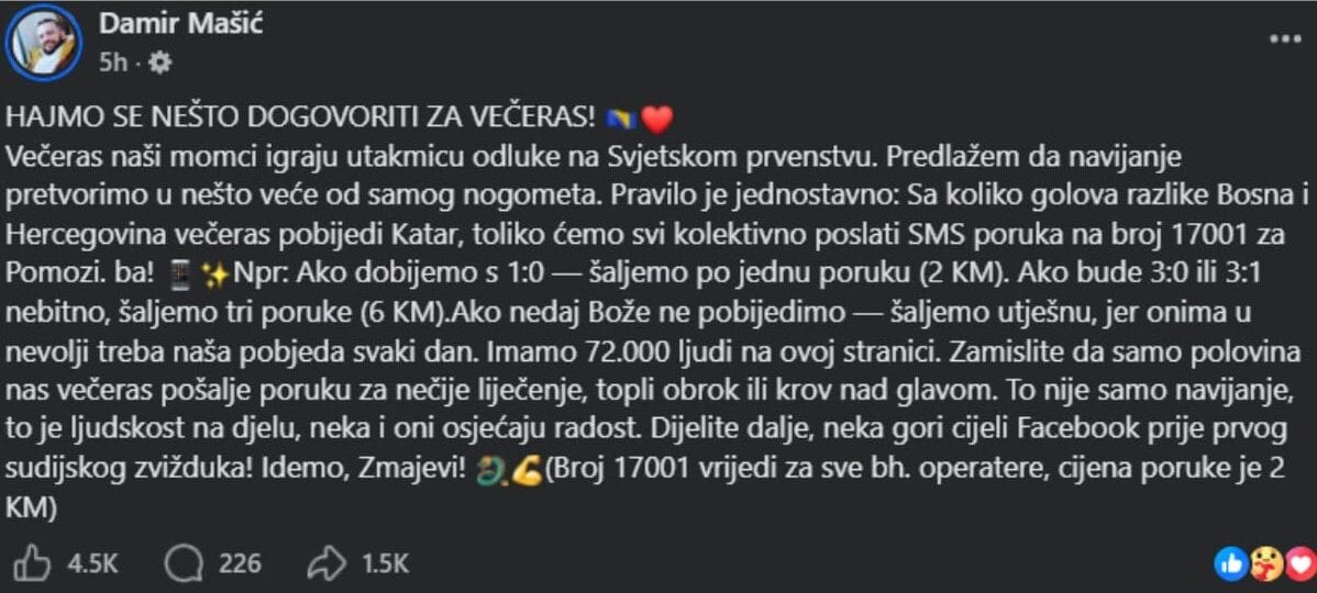 Facebook objava navijača o humanitarnoj ideji uoči utakmice BiH i Katara