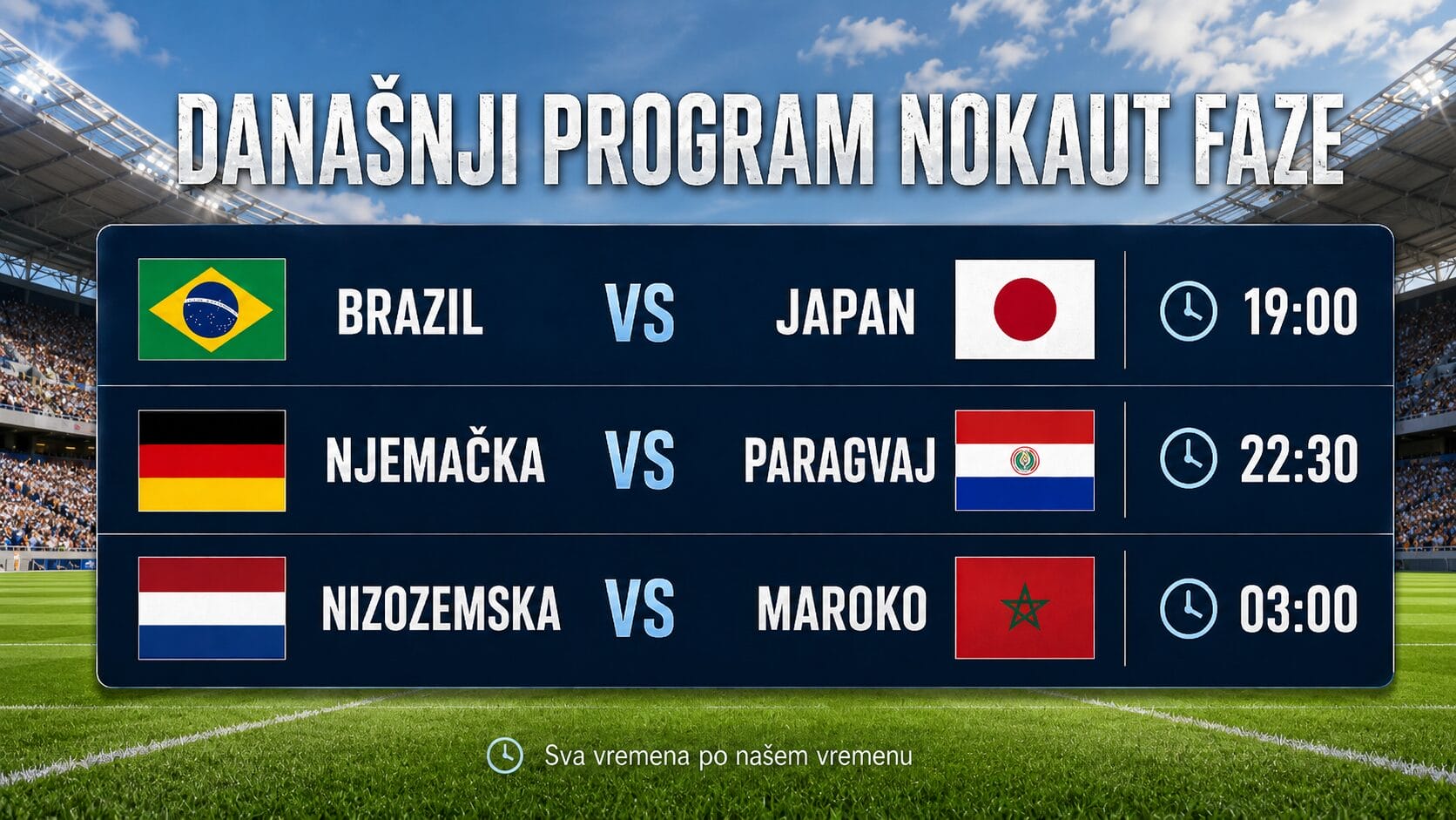 Nokaut dan SP, raspored utakmica Brazil Japan, Njemačka Paragvaj i Nizozemska Maroko sa terminima mečeva