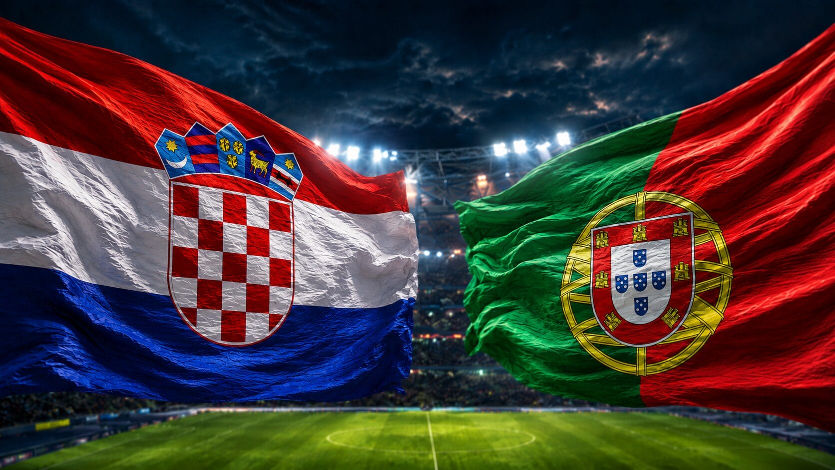 portugal-protiv-hrvatske-zastave-na-stadionu. Nokaut faza SP 2026 donijela je nove putnike u osminu finala, kraj nastupa za BiH i veliki duel Hrvatske i Portugala koji se igra noćas, zastave Hrvatske i Portugala na stadionu uoči utakmice nokaut faze Svjetskog prvenstva