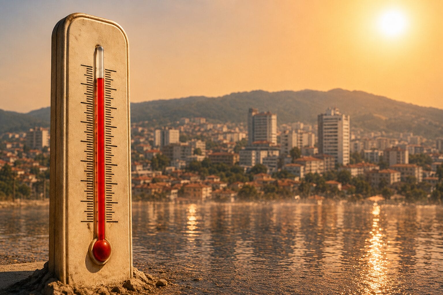 Toplotni val u Tuzli, termometar u prvom planu i gradska panorama u izmaglici od vrućine