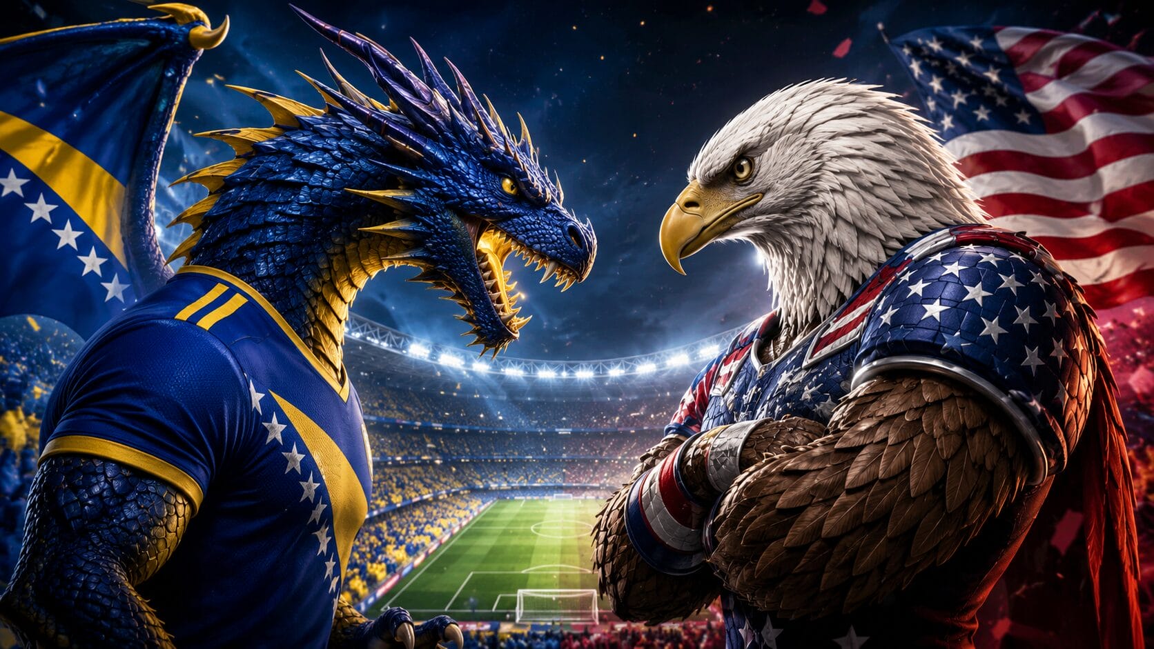 Zmajevi protiv Amerike u nokaut fazi Svjetskog prvenstva, ilustracija zmaja u bojama BiH i američkog orla na stadionu