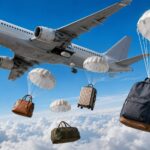 Besplatni prtljag u avionu: Kako izbjeći doplatu Besplatni prtljag u avionu, ilustracija aviona iz kojeg s padobranima ispadaju ruksak, tašna i kofer