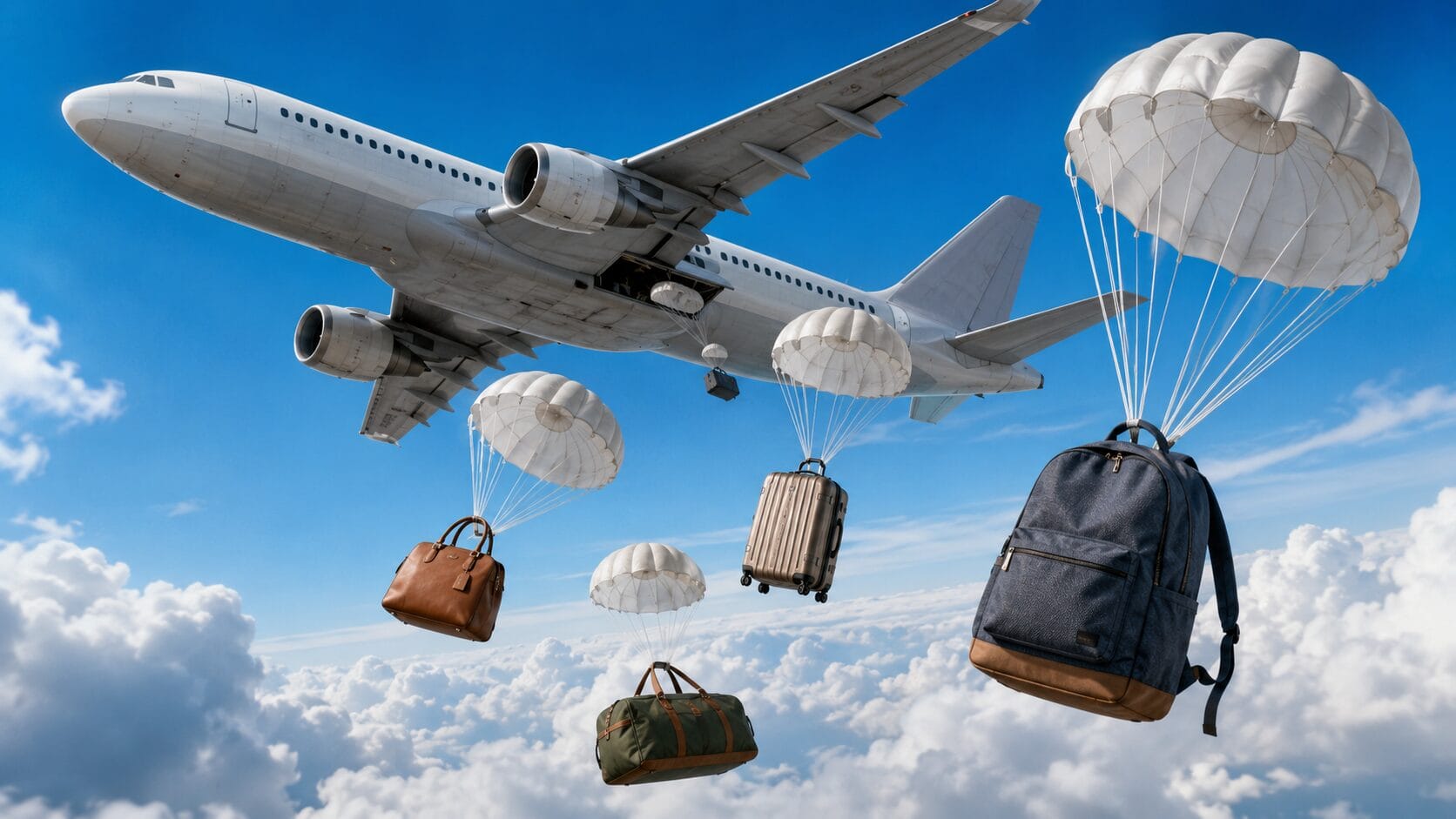 Besplatni prtljag u avionu, ilustracija aviona iz kojeg s padobranima ispadaju ruksak, tašna i kofer