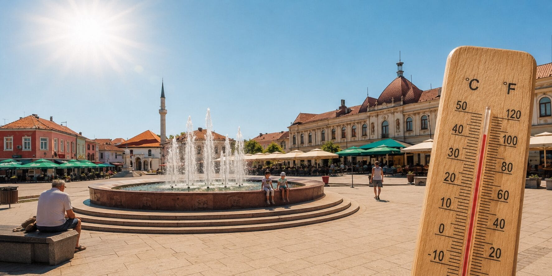ekstremne-vrucine-tuzla-trg-slobode Ekstremne vrućine u Tuzli prikazane kroz ljetni prizor Trga slobode i termometar sa visokim temperaturama