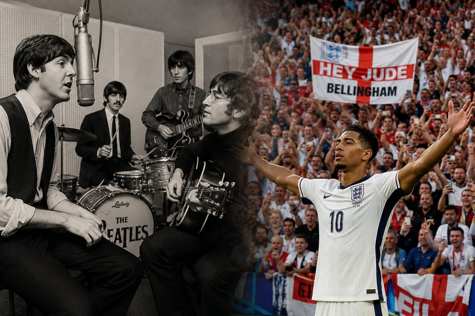 hey-jude-beatles-jude-bellingham. Hey Jude, The Beatles u studiju i Jude Bellingham pred navijačima Engleske