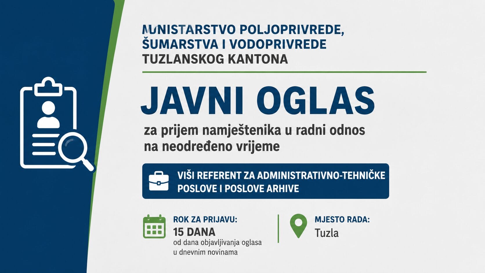 Ministarstvo poljoprivrede TK zapošljava namještenika na neodređeno vrijeme