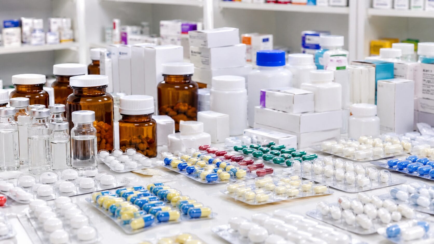 liječenje malignih oboljenja; Velika količina lijekova i medicinskih preparata na stolu u apoteci