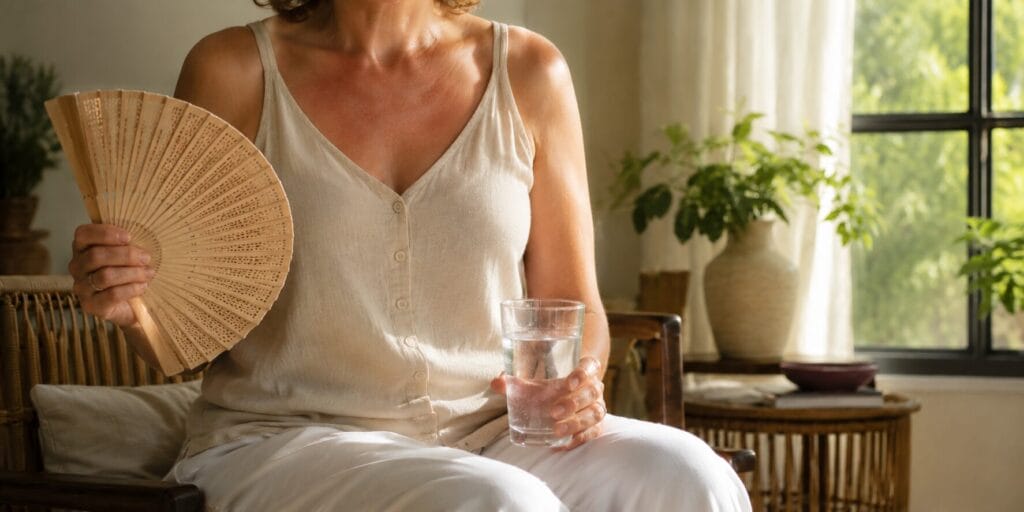 Ljetne vrućine u menopauzi, Žena se rashlađuje lepezom i vodom tokom ljetnih vrućina u menopauzi