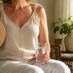 Ljetne vrućine u menopauzi, Žena se rashlađuje lepezom i vodom tokom ljetnih vrućina u menopauzi