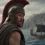 Odisej s bradom i kacigom s crvenom perjanicom na brodu u filmu Odiseja